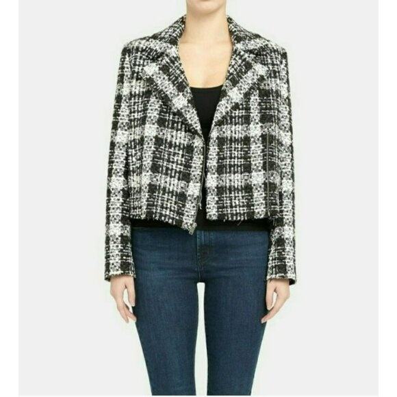 Theory Black White Plaid Tweed Moto Jacket Blazer Preppy Work Career Office Prep - Picture 1 of 13